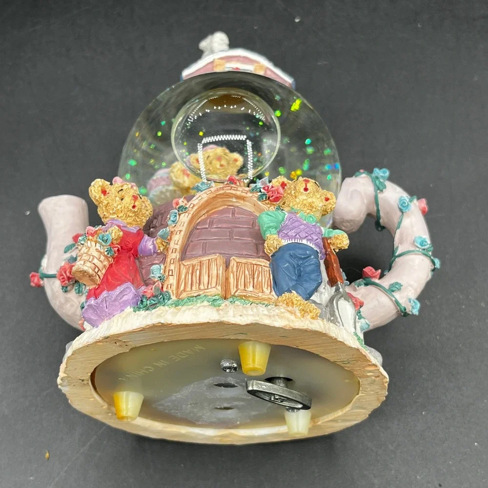 Vtg Resin Musical Teddy Bear Tea Party Teapot Snow Globe Music Box 6